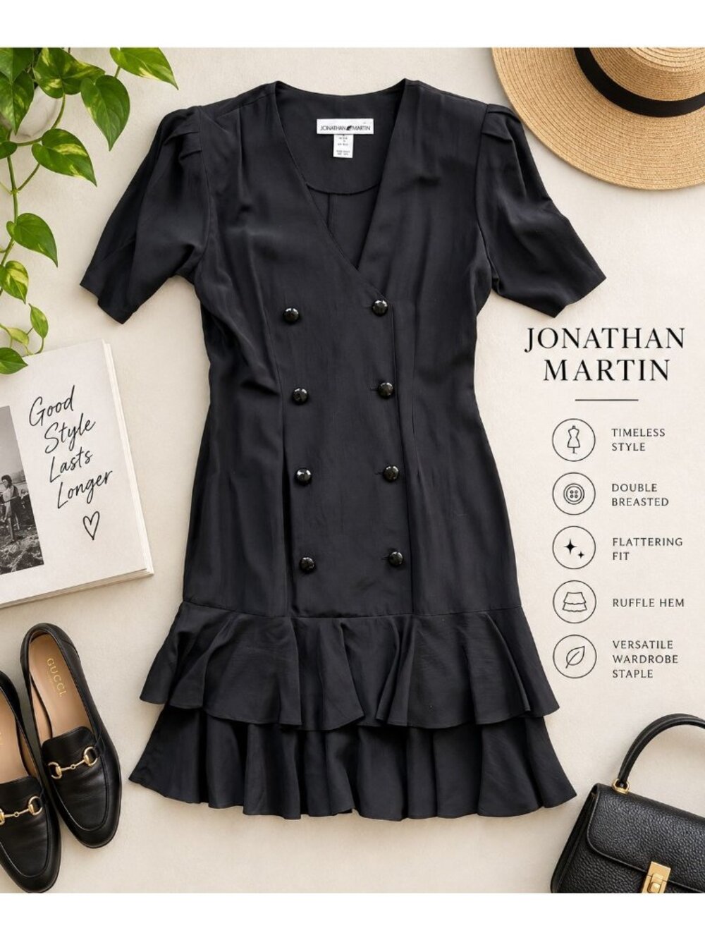 Jonathan Martin Black Double-Breasted Ruffle Hem Short Sleeve Dress